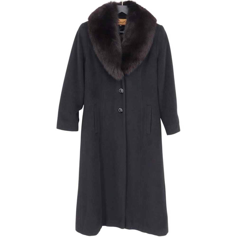 Vintage Sachi Collection Womens Size 6 Black Long Wool Blend Coat Fox Fur Collar